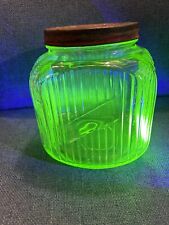 1920's Green Uranium Depression Canister Hoosier Cookie Jar Ribbed Glows picture