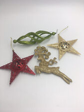 Lot of 4 Vintage Christmas Tree Ornaments Glitter Reindeer Stars with Bell Swirl picture