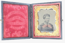 Antique Tin Type Woman Color Cheeks & Bow Daguerreotype Ambrotype Embossed Case picture