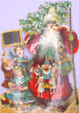 1880's-90's Santa Kids Tree Presents Flag Die Cut Christmas Victorian Scrap picture