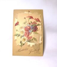 Antique 1909 Postcard Birthday Greetings Embossed Flowers Posted picture