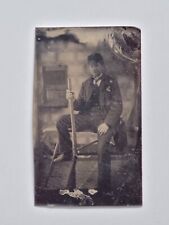 1890s Tintype Photograph, Seated Man Holding A Shotgun Rifle picture