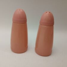 Vintage Mid Century Pink Glass Salt And Pepper Shakers Plastic Lids READ picture
