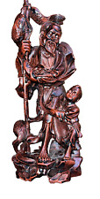 Carved Wood Asian Man with Boy and Fish Vintage picture