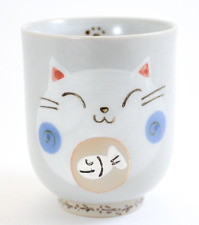 Japanese YUNOMI Tea Cup Plump Cat w/Tail Blue Pearl Gray Hand Painted Seto ware picture