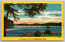 Greetings From Cambridge Wisconsin~View From Lake Shore~Vintage Linen Postcard picture