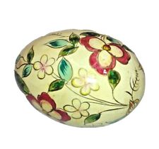 Hand Painted Plaster Easter Egg Lacquered Red Flowers Yellow Background 3