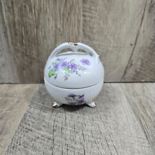 Vintage Small Three Footed Trinket Box Purple Flowers & Gold Trim Made In Japan picture