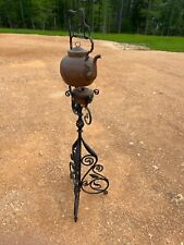 ANTIQUE 19TH CENTURY COPPER TEA KETTLE ON WROUGHT IRON STAND picture