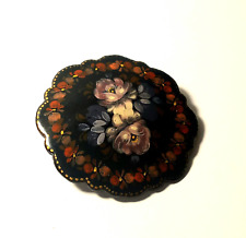 VINTAGE RUSSIAN HAND PAINTED BLACK LACQUER PIN BROOCH ARTIST SIGNED  picture
