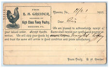 1905 BH Greider High Class Fancy Poultry Chicken Rheems PA Postal Card picture