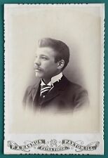 Antique Victorian Cabinet Card Photo Handsome Man w/ Mustache Paxton, Illinois picture