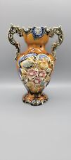 Antique French Barbotine Majolica Double Handle Footed Floral Vase 9.5