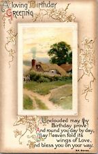 A Loving Birthday Greeting Vintage Postcards Flowers Embossed Poem Cottage Scene picture