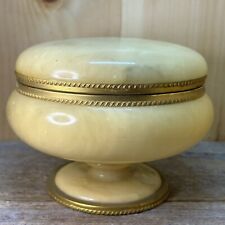 ITALIAN Marble Onix Alabaster Gilt Gold Metal Hinged Lid Round Casket BOX Jar picture