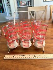 SET Of 6 MCM RED STRIPED GLASSES IN IVORY METAL CARRYONG RACK picture