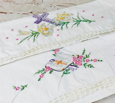 vtg embroidered pillowcase religious easter cross standard 100% cotton picture