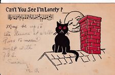 Vintage Black Cat on Roof Red Eyes Can't You See I'm Lonely Moon Postcard 1941 picture