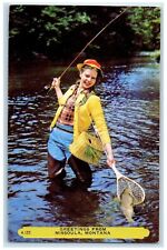 c1960 Greetings Woman Fishing Lake Missoula Montana MT Vintage Rembrant Postcard picture