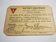 1940 THE HI-Y FELLOWSHIP AREA COUNCIL I.D. CARD  SIGNED  - BBA42 picture
