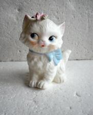 Vintage White Ceramic Persian Cat Figurine w/Blue Bow U-5535N picture