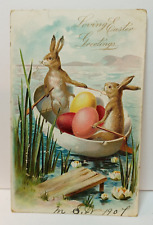 Tuck Rabbits in Eggshell Egg Filled Boat Postcard c 1907 Loving Easter Greetings picture