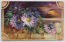 Holiday~A Happy Birthday~Lovely Purple & Blue Flower Bouquet~Sunset In Bkgd~Vtg picture