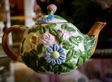Vintage - 1990's CBK Ltd Flower Teapot - Painted Ceramic Rosebud with Wood picture
