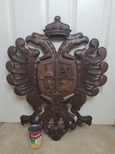 Vintage Hand Carved Wood Coat of Arms Crest Wall Plaque Medieval Gothic Eagles picture