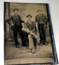 Antique Victorian American Three Dapper Fashion Gentlemen in Hats Tintype Photo picture