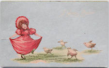 Easter Postcard Antique UNUSED Girl Woman Dancing Red Dress Chicks Birds Foil DB picture