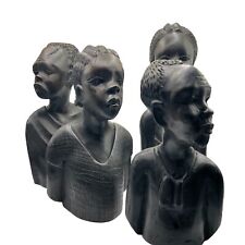 Vintage 4 African Tribal  Family Head  Bust Figurine Handcarved Ebony Iron Wood picture