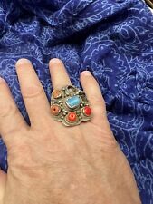 Antique Well-Worn Silver/Copper Ring 4 Coral And One Blue Bead 43 X 36 mm TOP picture