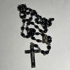 Vintage  Black Wood Beads Nun's Rosary 31” Jesus Center Medal Crucifix -  Italy picture