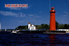 Michigan Muskegon Lighthouse red harbor boats ~ unused postcard sku729 picture