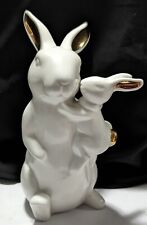 White With Gold Accent Porcelain Momma Bunny Rabbit With Baby Figurine Decor picture