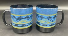 2 Arcoroc France Black Yucatan Coffee Glass Mugs Blue Southwest Aztec Design picture