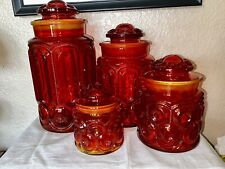 Mid Century LE Smith 8pc Red Amberina Glass Moon and Stars Canister Set Glows picture