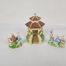2004 Hoppy Hollow Easter Village Gazebo W/ Bunny Figures Ceramic Porcelain picture