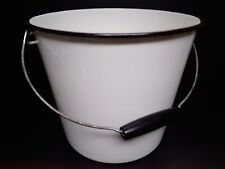 Vintage White Porcelain Enamel Milk Bucket With Black Wooden Handle 9.5