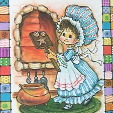 VTG greeting card old fashioned girl baking gingerbread quilt border Unused Env picture