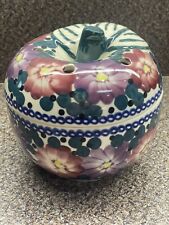 Polish Pottery Apple Baker Cooking Dish Lid Floral Peacock Blue picture