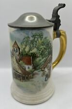 CAC Belleek Lidded Stein Hand Painted Pewter Lid Village Scenery RARE ANTIQUE picture