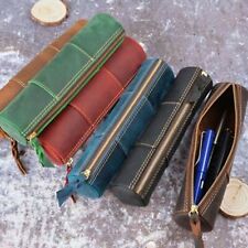 Handmade Cowhide Leather Pen Pouch Zipper Pencil Case Stationery Storage Bag picture