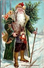 Long Fancy Green Robe Santa Claus with Tree~Toys Antique Christmas Postcard JA9 picture