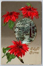 Holiday~A Joyful Christmas~Poinsettias & Winter Forest Scene~Vintage Postcard picture