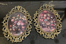 2 Vintage Italian Bubble Glass Floral Art Brass Frames Convex Ornate Made Italy picture