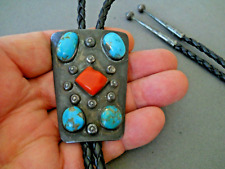 Southwestern Native American Navajo Coral Turquoise Sterling Silver Bolo Tie 2.4 picture