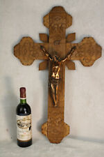 Huge French antique neo gothic wood carved altar church crucifix religious  picture