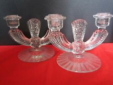 2 Etched Pressed Antique Two Arm Crystal Candelabra Candle Holders Vintage picture